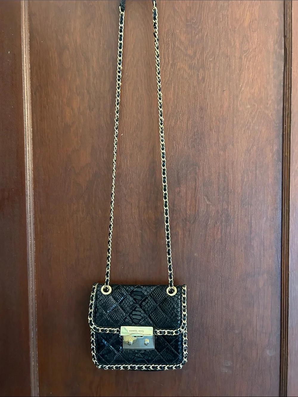 Michael Kors Black Snake-Embossed Mini Chain Shoulder Bag with Gold Hardware